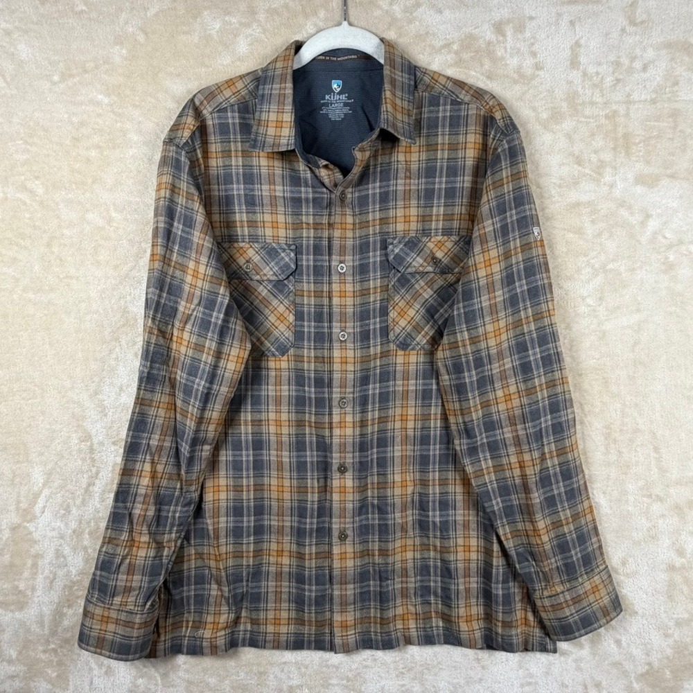 Kuhl Mens L Long Sleeve Plaid Button Down Shirt Grey Orange Cotton Tencel Rugged